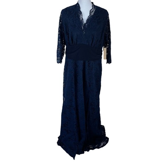 Kiyonna Screen Siren Navy Blue Lace V-Neck 3/4 Sleeve Maxi Dress Gown 2X - Picture 1 of 12